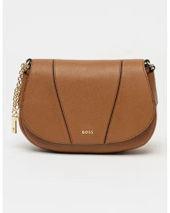 Geanta crossbody din piele ecologica cu clapa si detaliu cu lant Salley, Maro