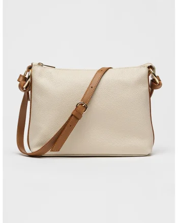 Geanta crossbody dreptunghiulara din piele, Caramel/Bej deschis