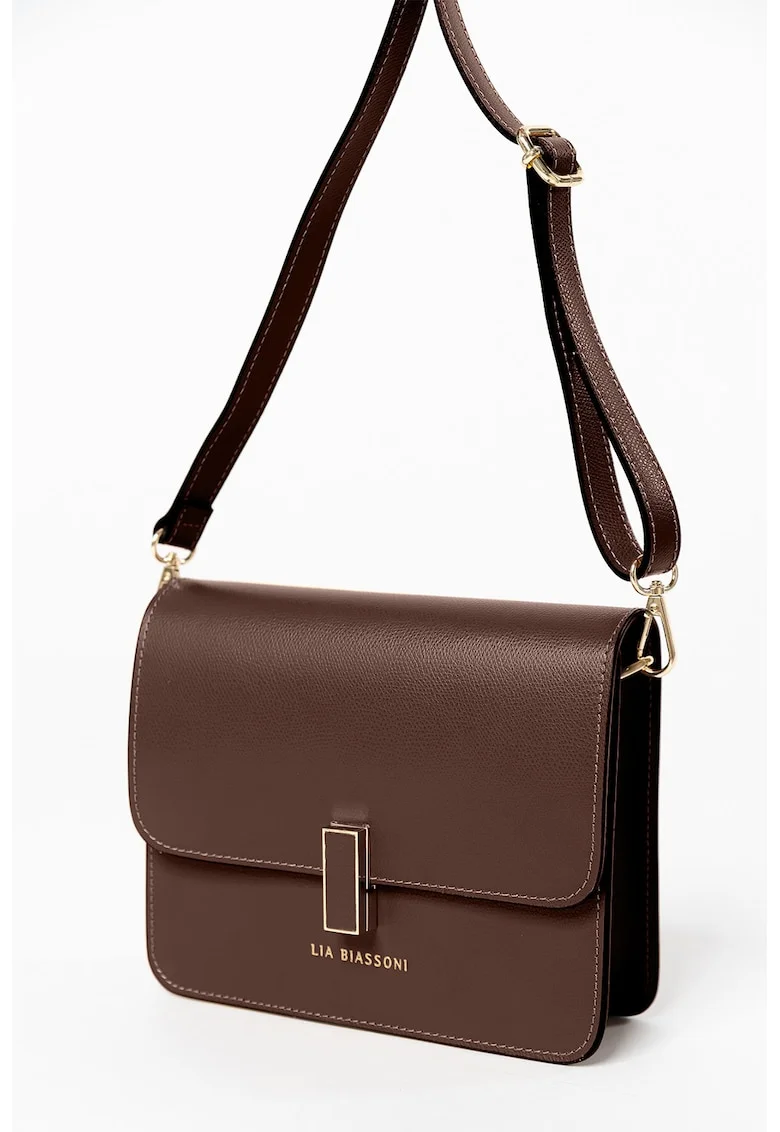 Geanta crossbody din piele cu clapa, Maro cognac