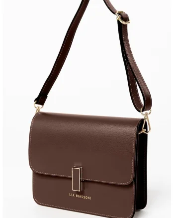 Geanta crossbody din piele cu clapa, Maro cognac