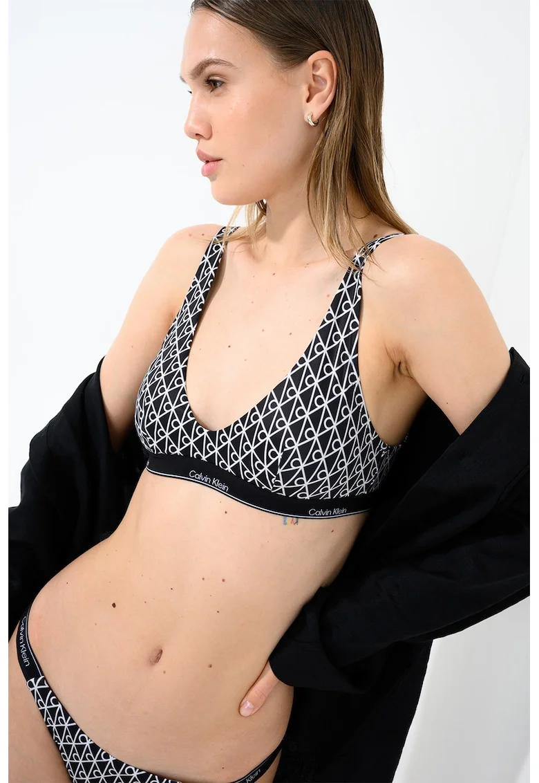 Bustiera de baie cu model monograma, Alb/Negru