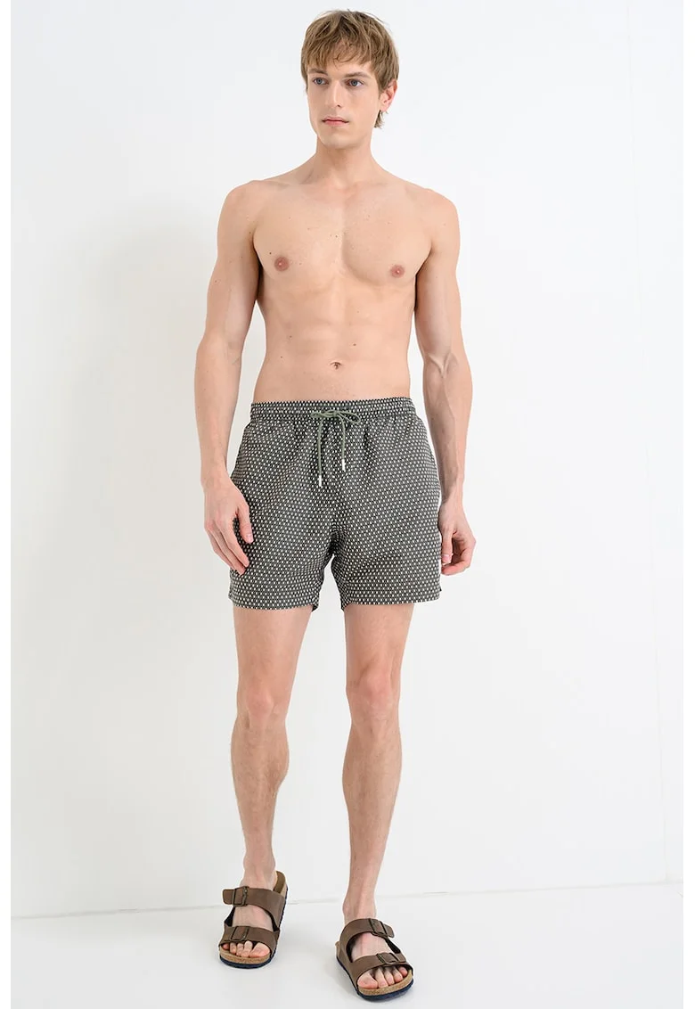 Pantaloni scurti de baie cu model si chiloti integrati din plasa Vibe, Verde masliniu