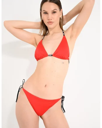 Sutien de baie cu cupe triunghiulare si bretele cu logo Pure, Rosu