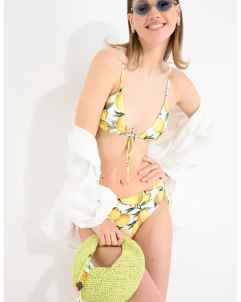 Sutien de baie cu cupe triunghiulare si imprimeu fructe, Multicolor