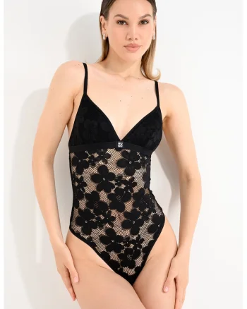 Body din dantela cu bretele ajustabile, Negru stins