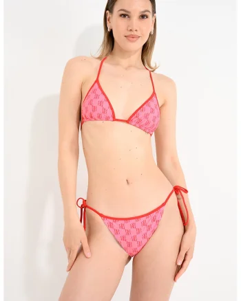 Sutien de baie cu cupe triunghiulare si monograma, Rosu/Roz