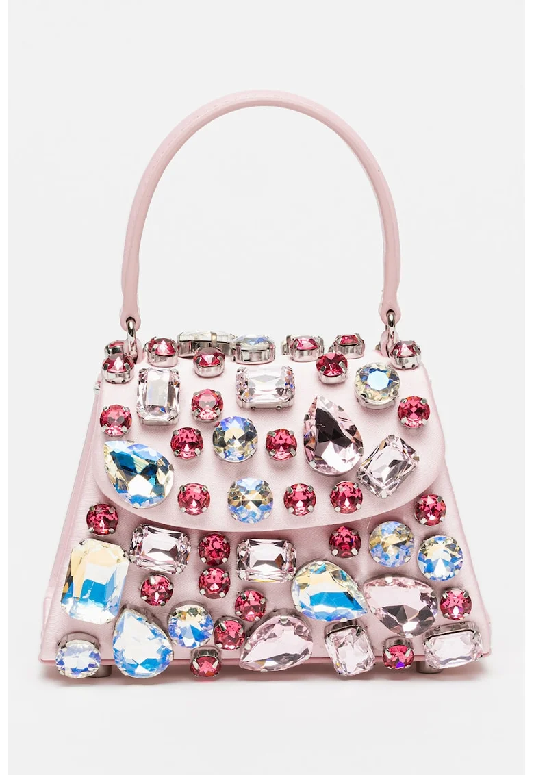 Geanta crossbody cu clapa, decorata cu cristale, Roz