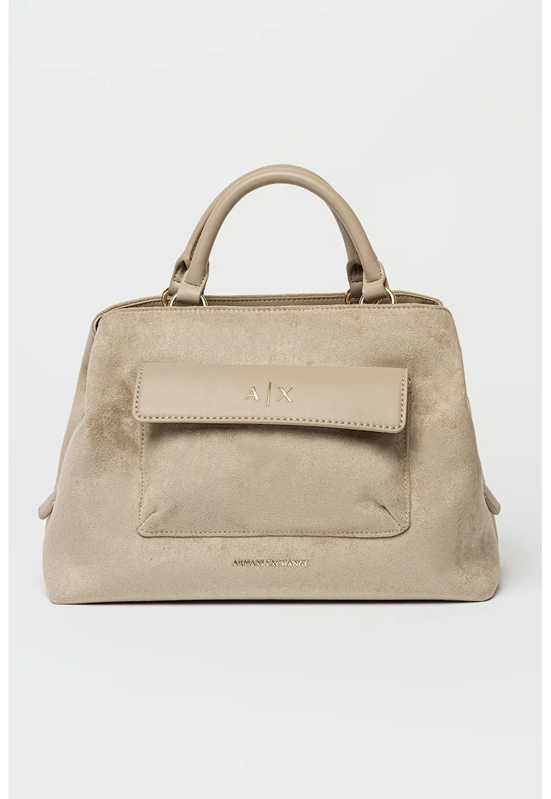 Geanta crossbody de piele intoarsa ecologica cu buzunare cu clapa, Bej