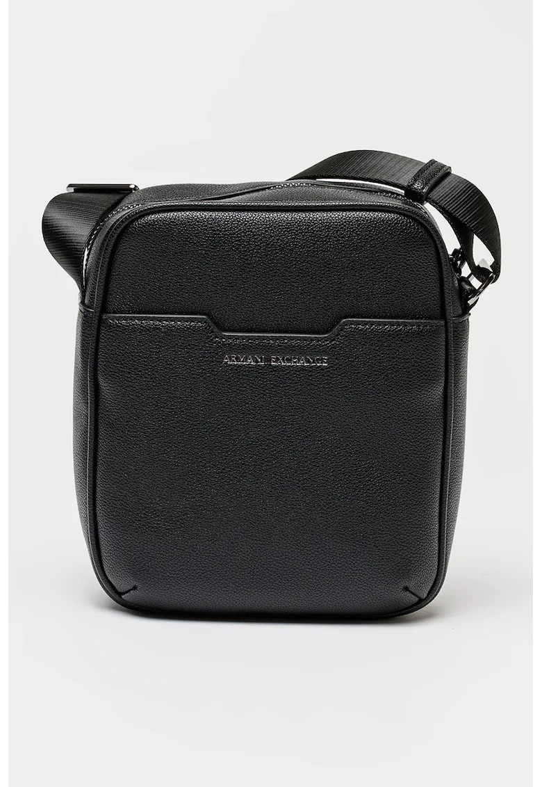 Geanta crossbody cu aplicatie logo metalica, Negru