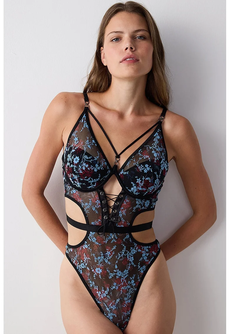 Body din plasa cu model floral si decupaje, Negru/Albastru deschis