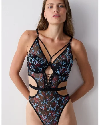 Body din plasa cu model floral si decupaje, Negru/Albastru deschis