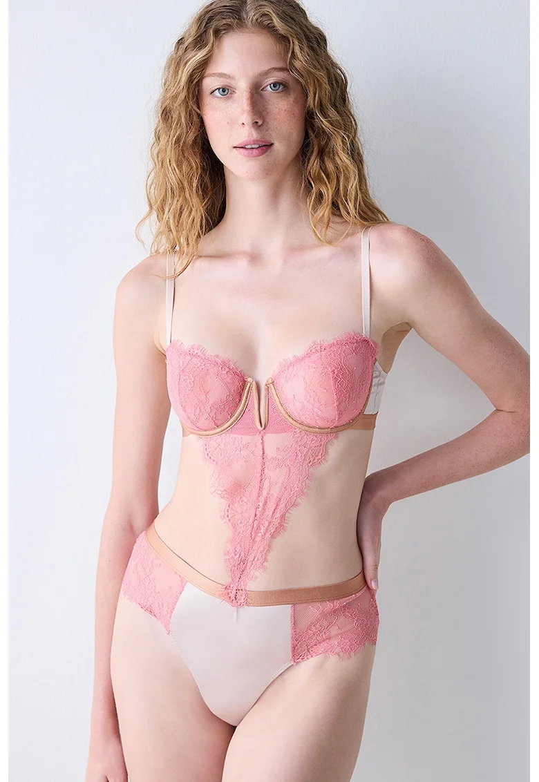 Body-tanga din dantela cu bretele ajustabile, Roz