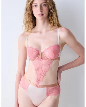 Body-tanga din dantela cu bretele ajustabile, Roz