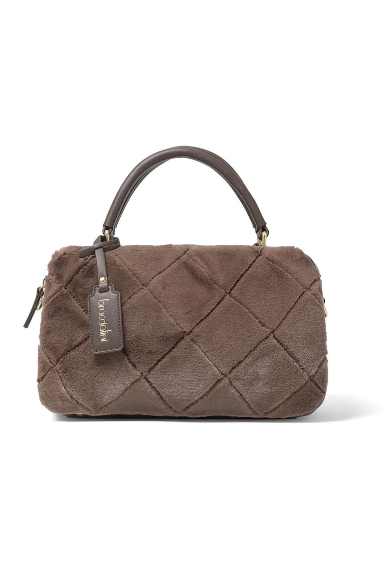 Geanta crossbody din piele ecologica cu garnituri din blana sintetica, Maro