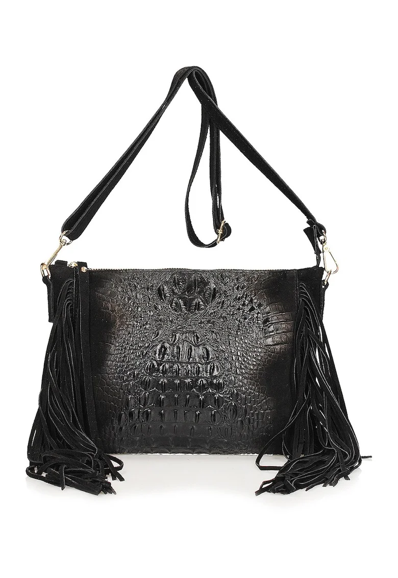 Geanta crossbody din piele intoarsa si piele cu aspect de piele de crocodil, Negru