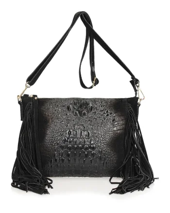 Geanta crossbody din piele intoarsa si piele cu aspect de piele de crocodil, Negru