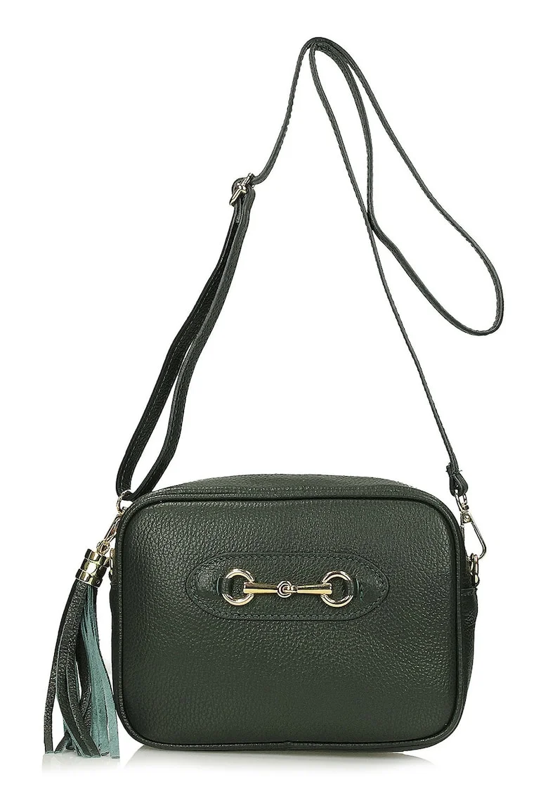 Geanta crossbody din piele cu accesoriu canaf, Verde padure