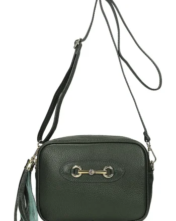 Geanta crossbody din piele cu accesoriu canaf, Verde padure