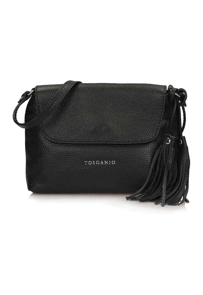 Geanta crossbody din piele cu clapa si canaf, Negru