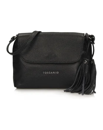Geanta crossbody din piele cu clapa si canaf, Negru