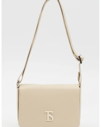 Geanta crossbody din piele cu clapa, Crem