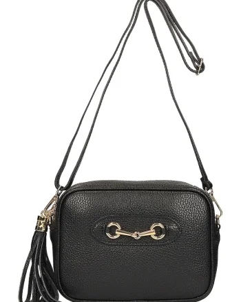 Geanta crossbody din piele cu accesoriu canaf, Negru