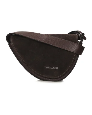 Geanta crossbody din piele si piele intoarsa cu bareta ajustabila, Maro inchis