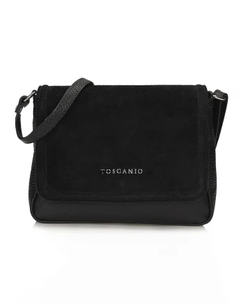Geanta crossbody din piele cu segment din piele intoarsa, Negru