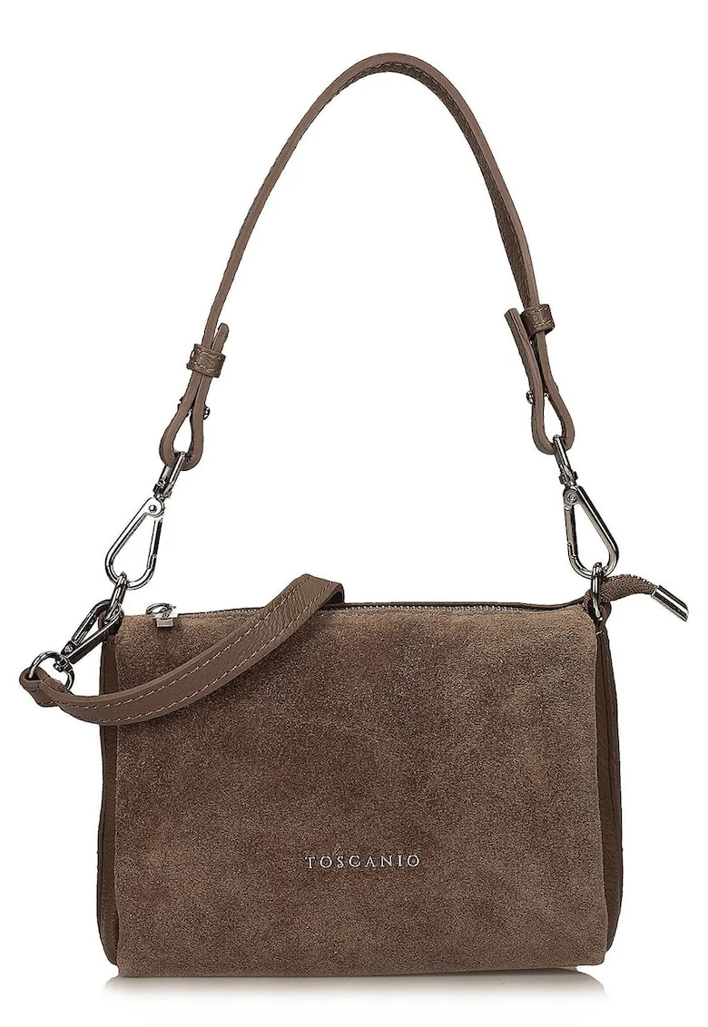 Geanta crossbody din piele si piele intoarsa cu fermoar, Maro cafeniu