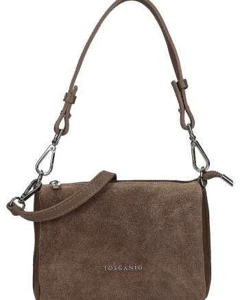 Geanta crossbody din piele si piele intoarsa cu fermoar, Maro cafeniu