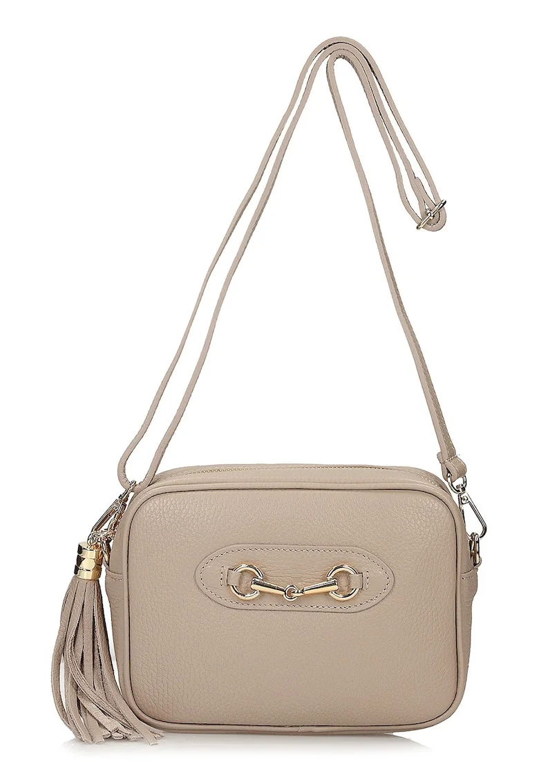Geanta crossbody din piele cu accesoriu canaf, Bej sampanie