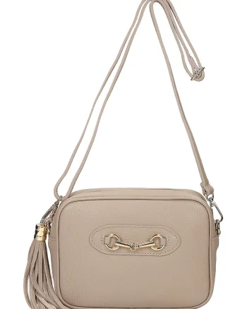 Geanta crossbody din piele cu accesoriu canaf, Bej sampanie