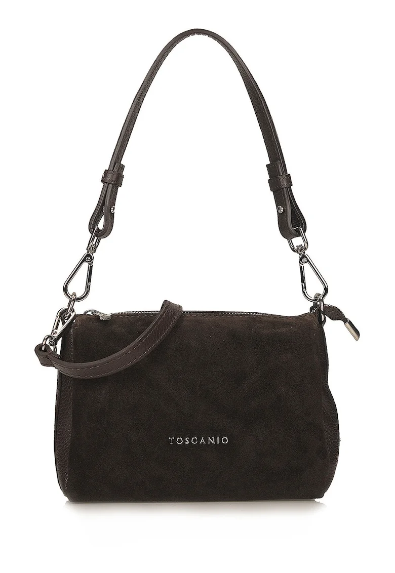 Geanta crossbody din piele si piele intoarsa cu fermoar, Maro inchis