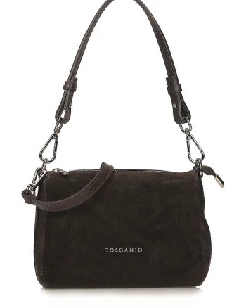 Geanta crossbody din piele si piele intoarsa cu fermoar, Maro inchis