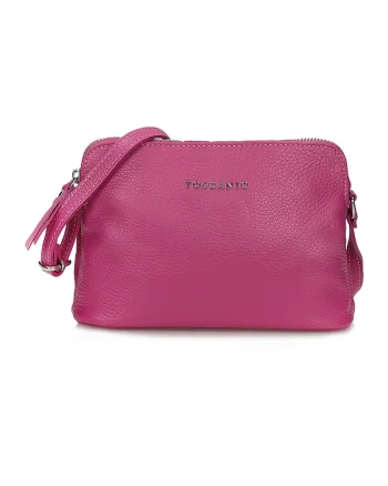 Geanta crossbody din piele cu buzunar exterior, Fucsia