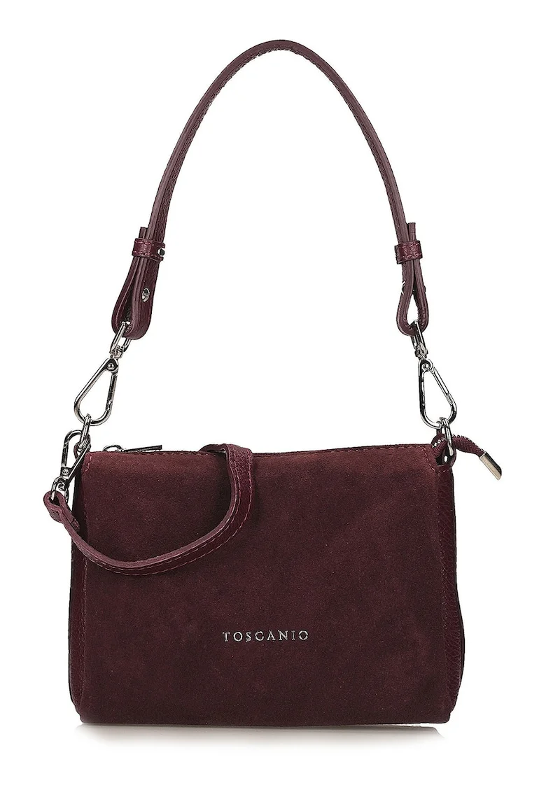 Geanta crossbody din piele si piele intoarsa cu fermoar, Visiniu inchis