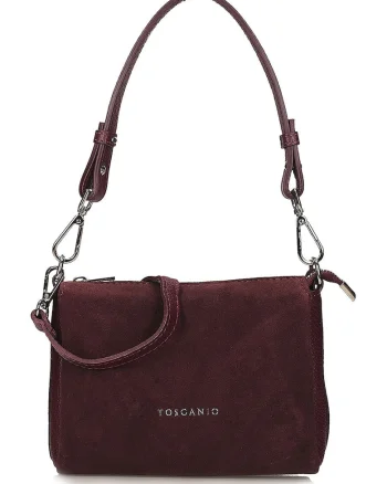 Geanta crossbody din piele si piele intoarsa cu fermoar, Visiniu inchis