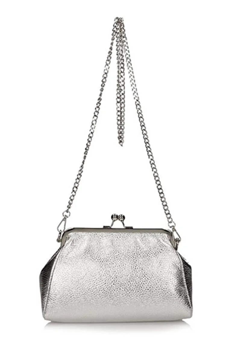 Geanta crossbody din piele cu bareta din lant, Argintiu