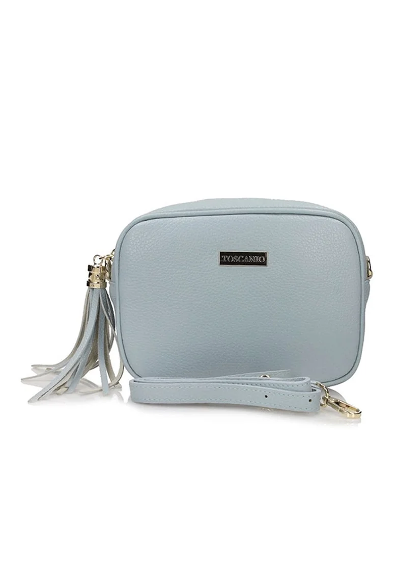 Geanta crossbody din piele cu canaf decorativ, Albastru pastel