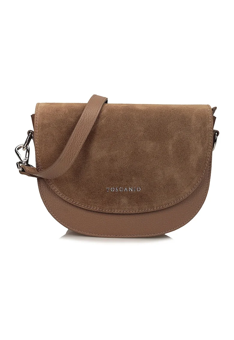 Geanta crossbody din piele intoarsa cu logo, Maro camel