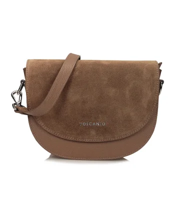 Geanta crossbody din piele intoarsa cu logo, Maro camel