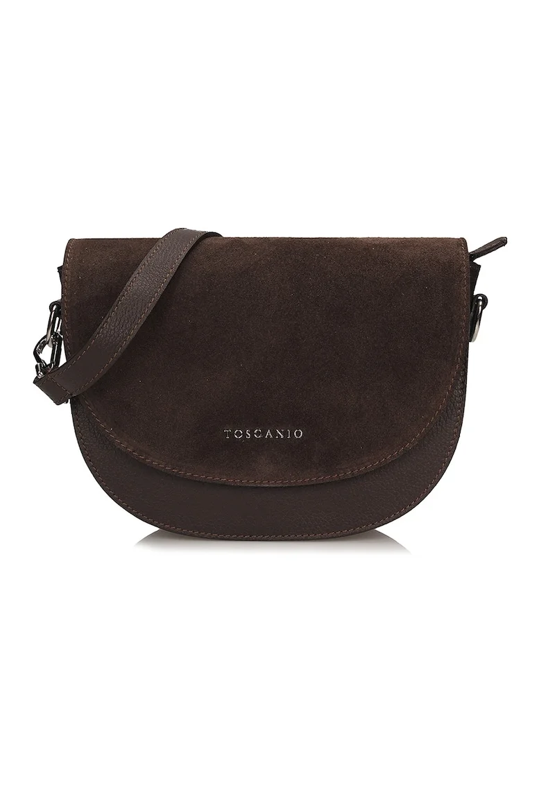 Geanta crossbody din piele intoarsa cu logo, Maro inchis