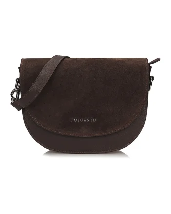 Geanta crossbody din piele intoarsa cu logo, Maro inchis