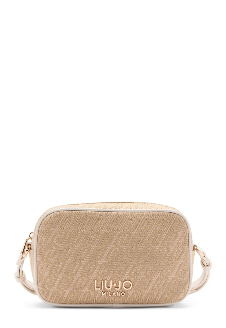 Geanta crossbody mica din material jacquard si logo, Bej/Crem