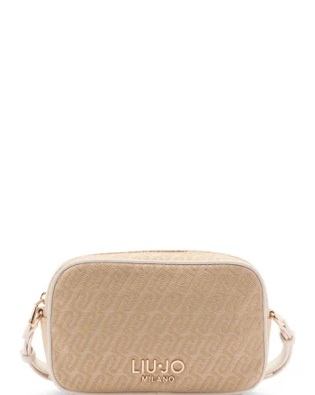 Geanta crossbody mica din material jacquard si logo, Bej/Crem
