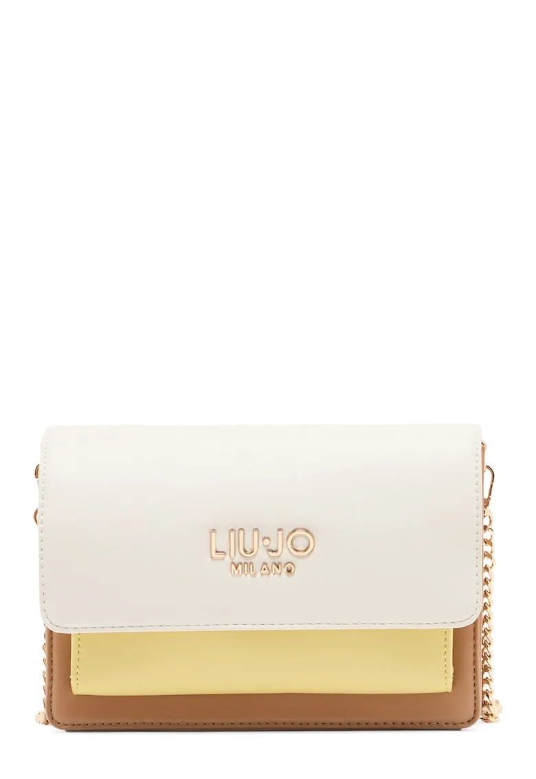 Geanta crossbody cu clapa si bareta din lant, Alb/Galben/Bej