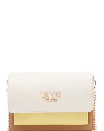 Geanta crossbody cu clapa si bareta din lant, Alb/Galben/Bej