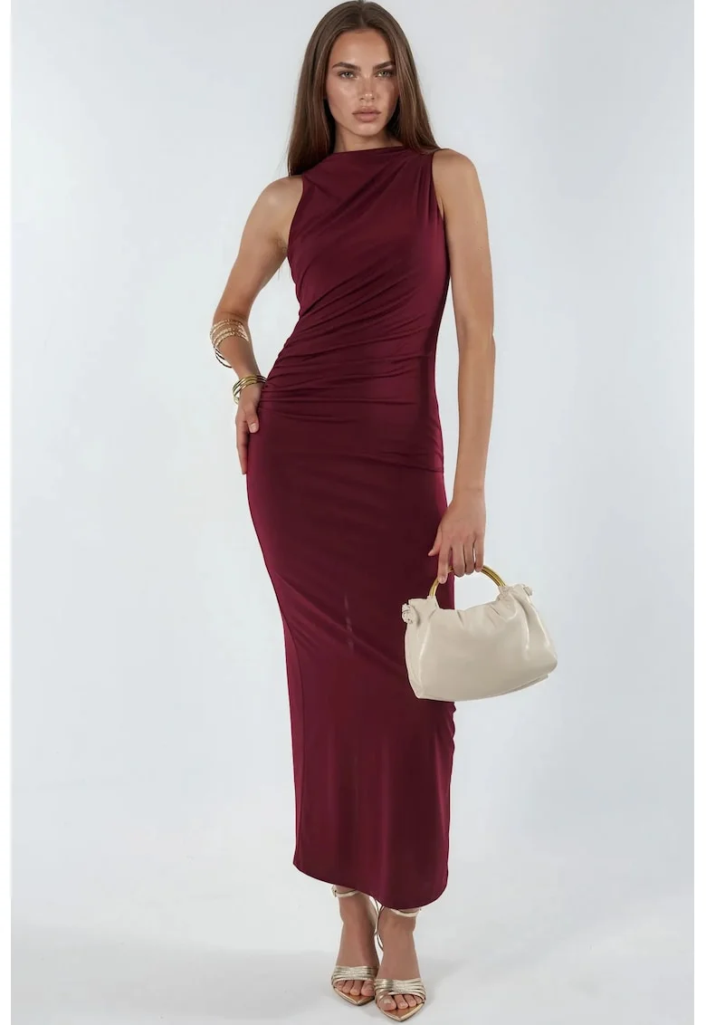 Rochie Midi  Bodycon, Detaliu Drapat, Rosu Burgundy, Poliester-Elastan