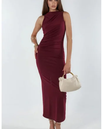 Rochie Midi  Bodycon, Detaliu Drapat, Rosu Burgundy, Poliester-Elastan