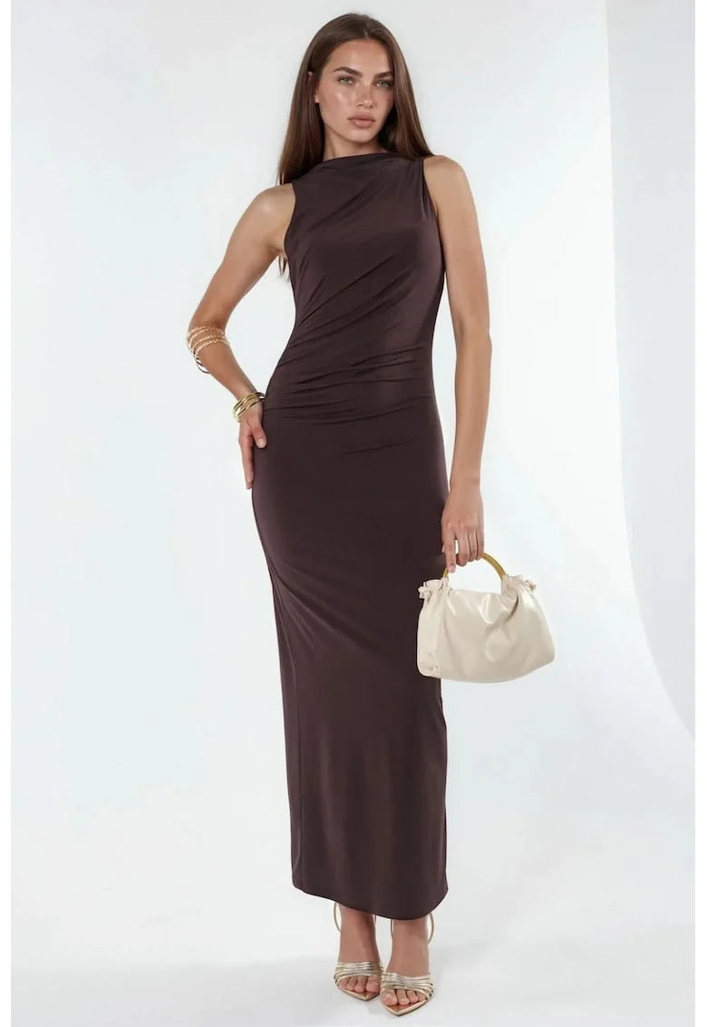 Rochie Maxi Bodycon Midi,  detaliu drapat, maro castaniu, poliester-elastan